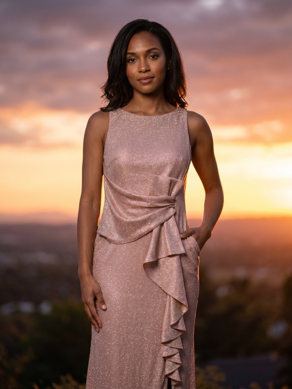 Betsy & Adam Shimmer Blush Pink Ruffled Maxi Dress